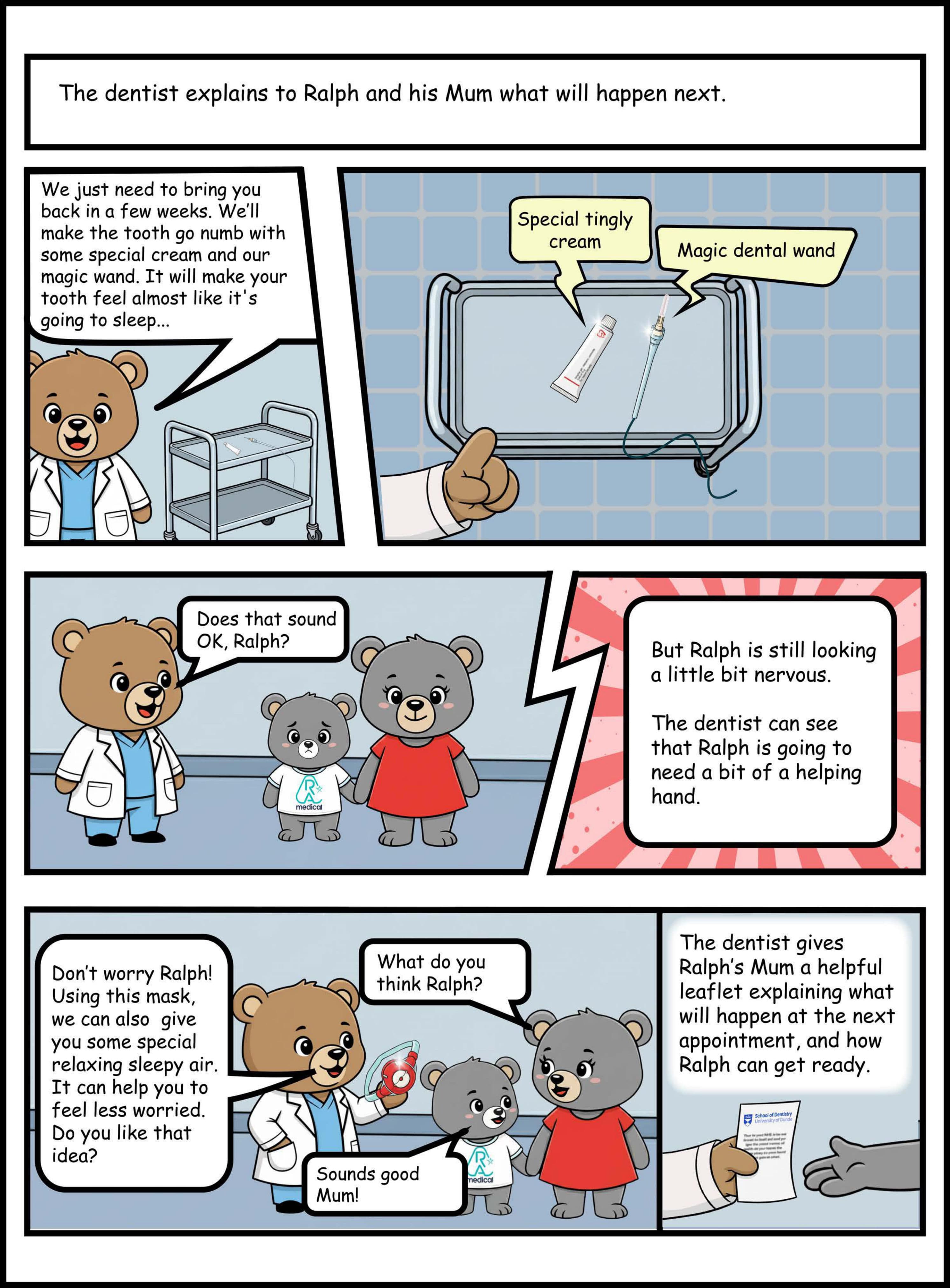 The dentist explains the plan to Ralph and his Mum. They will use a special tingly cream and a magic wand to make the tooth go numb. The dentist notices Ralph is nervous and offers a mask with special "relaxing sleepy air" to help. Ralph says "Sounds good Mum!" The dentist hands his Mum a leaflet about what will happen.