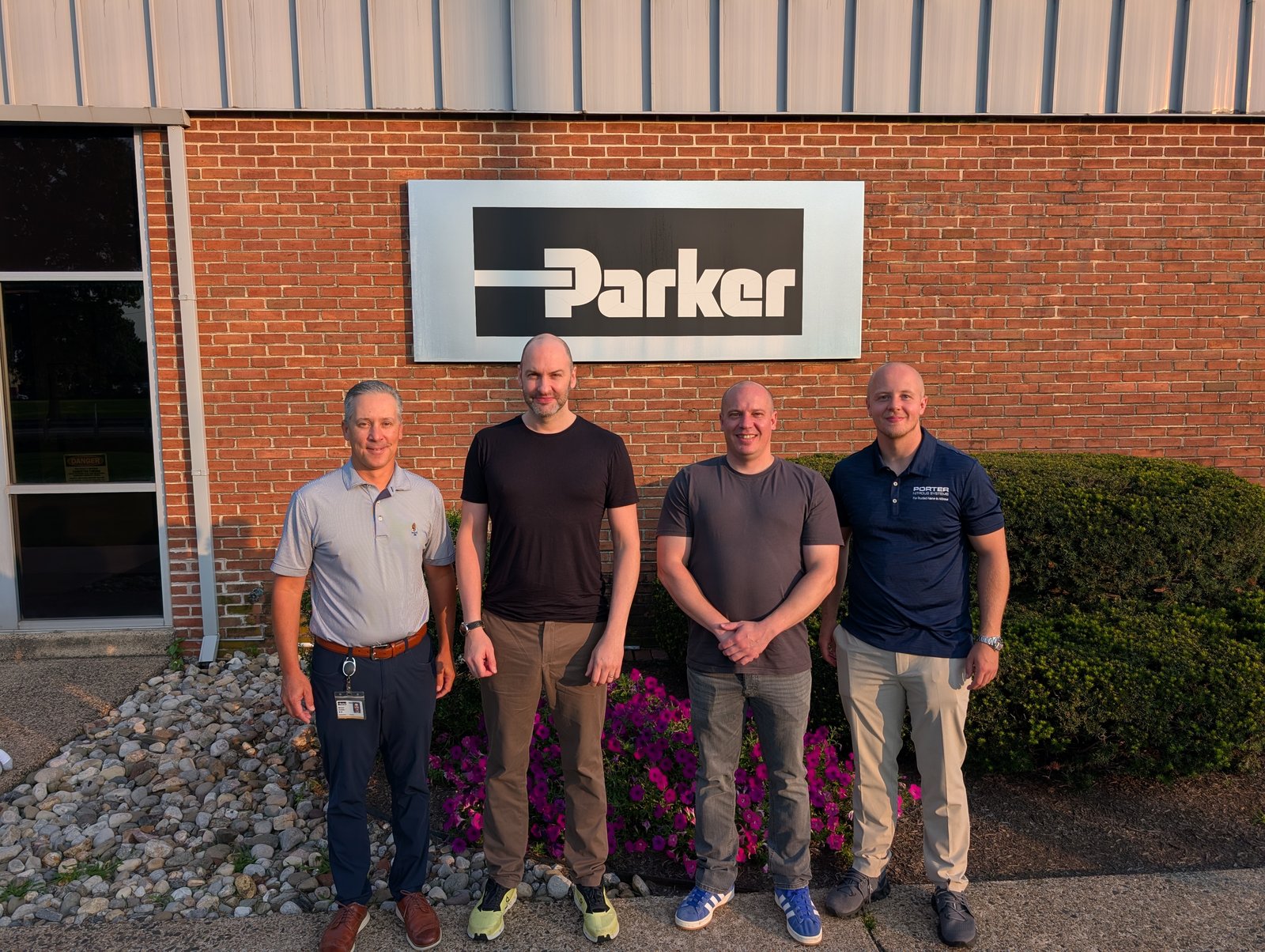 R A Medical's Michael, Sam and James with Michael Civitello outside the Porter Instrument works, August 2026