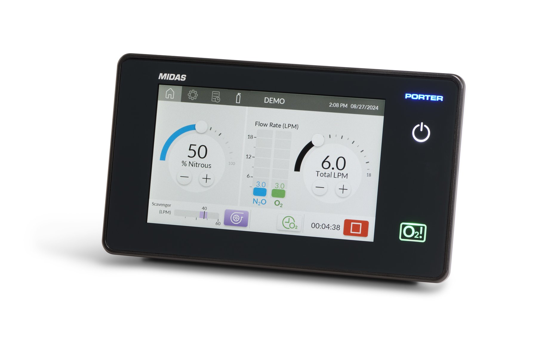 Porter Midas touchscreen head unit — close-up showing colour UI, MIDAS/PORTER branding, and physical controls